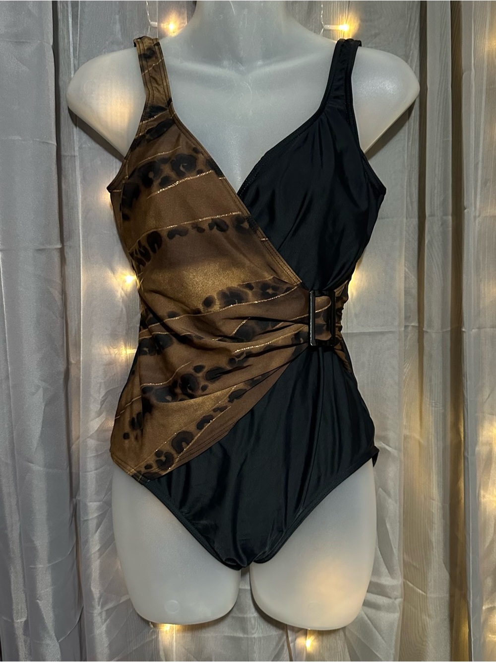 Vintage Christina brown and black animal print one piece swimsuit buckle detail